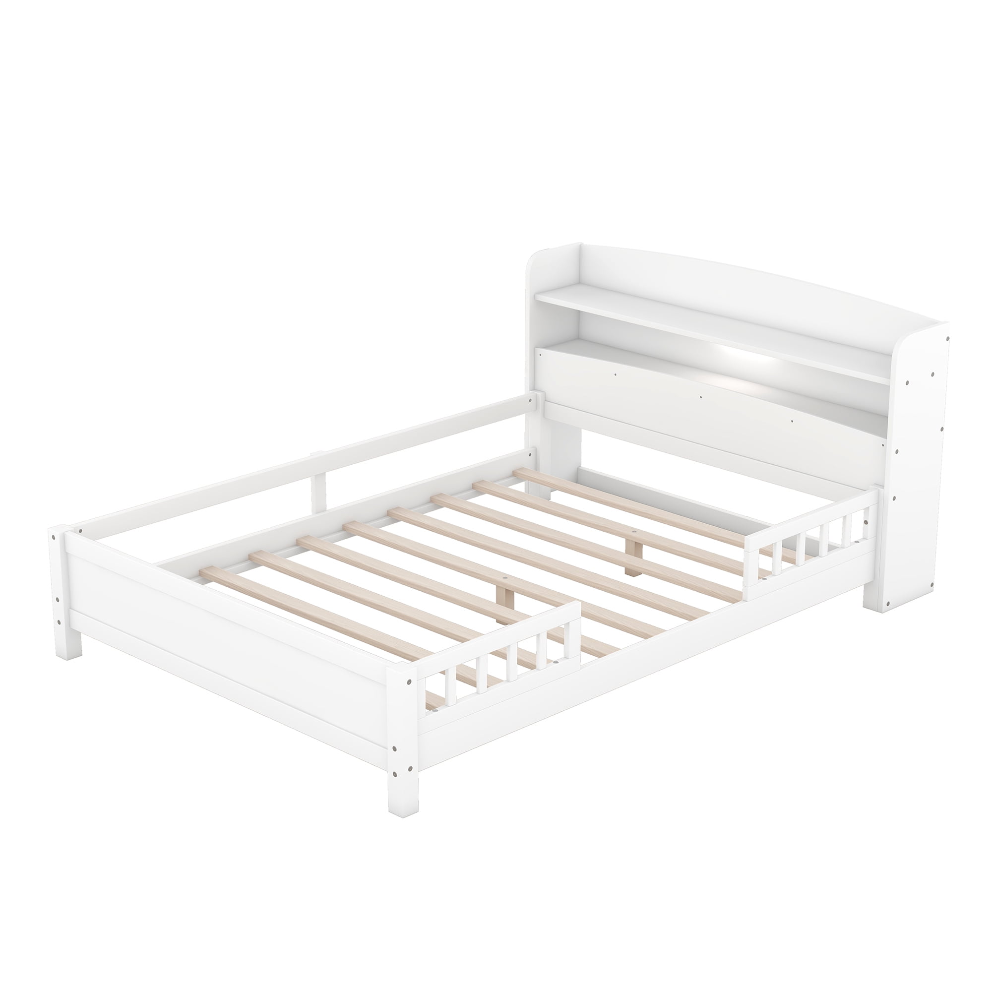 Euroco Wood Full Size Platform Bed with Storage Headboard and LED Light, White