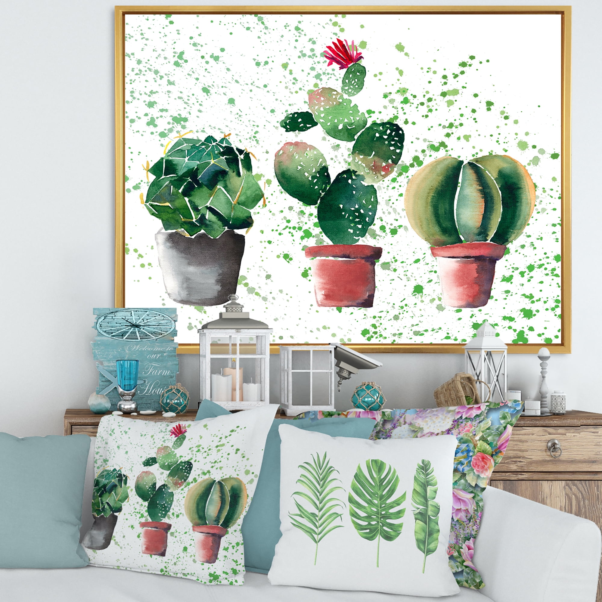 Three Cacti In Clay Pots With Green Dots 32 in x 24 in Framed Painting Canvas Art Print, by Designart