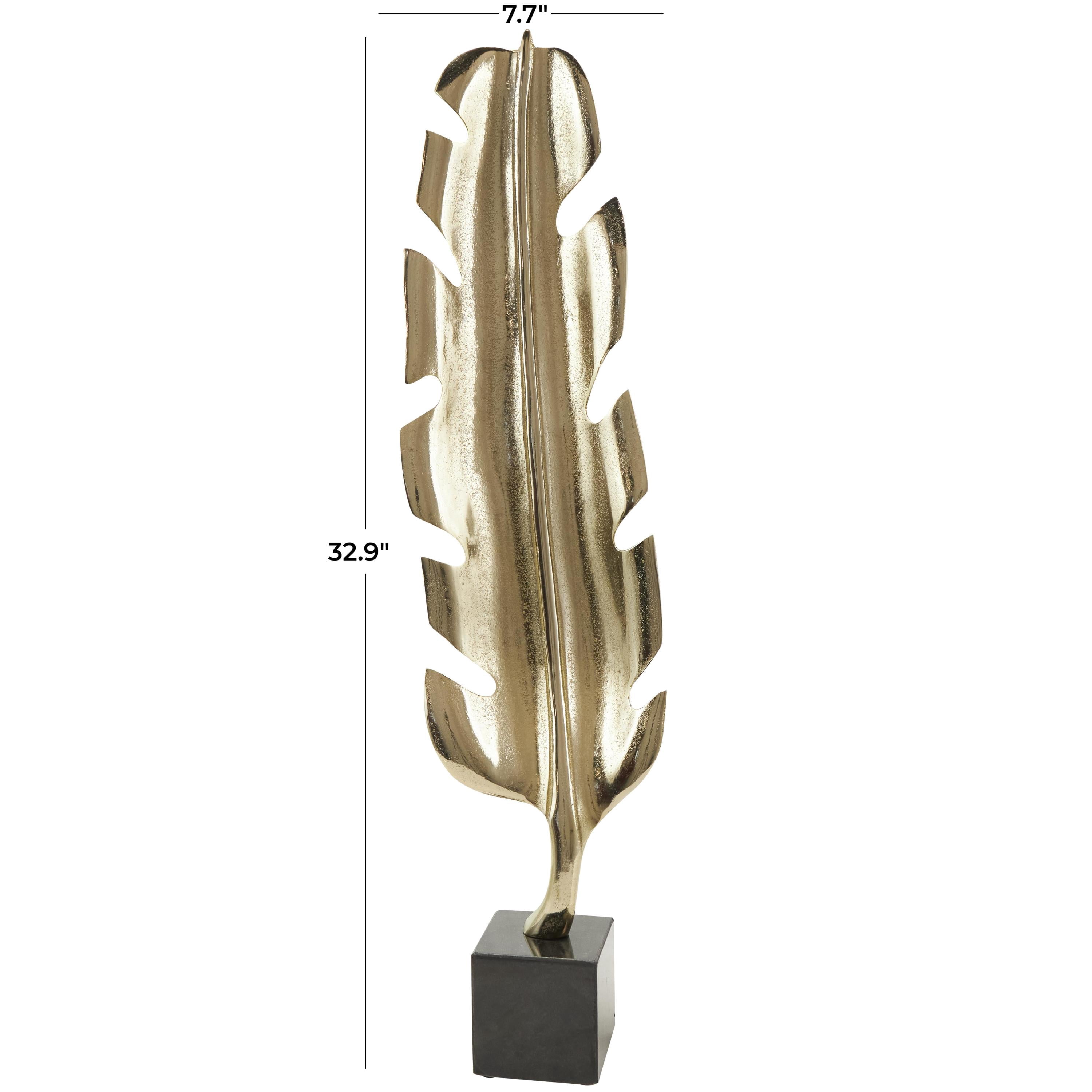8" x 33" Gold Aluminum Metal Feather Bird Sculpture with Black Marble Base, by CosmoLiving by Cosmopolitan