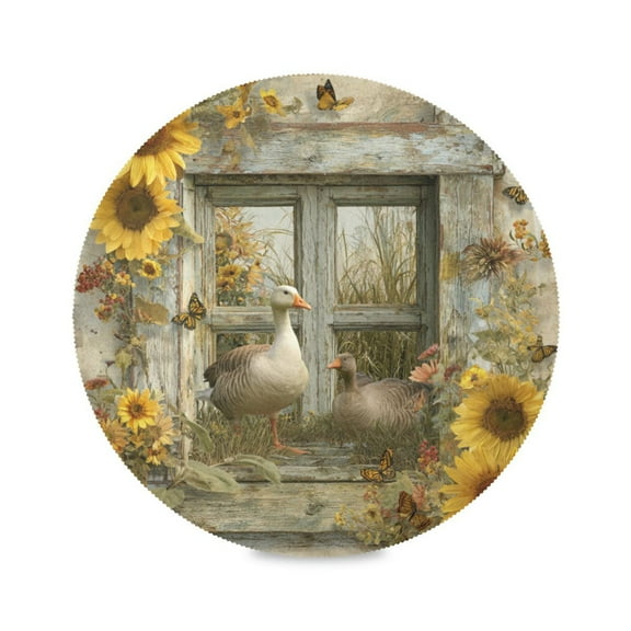 WOBOGO Country Goose Round Placemats Set of 1 Heat Resistant Washable Kitchen Table Decorations 15.4in