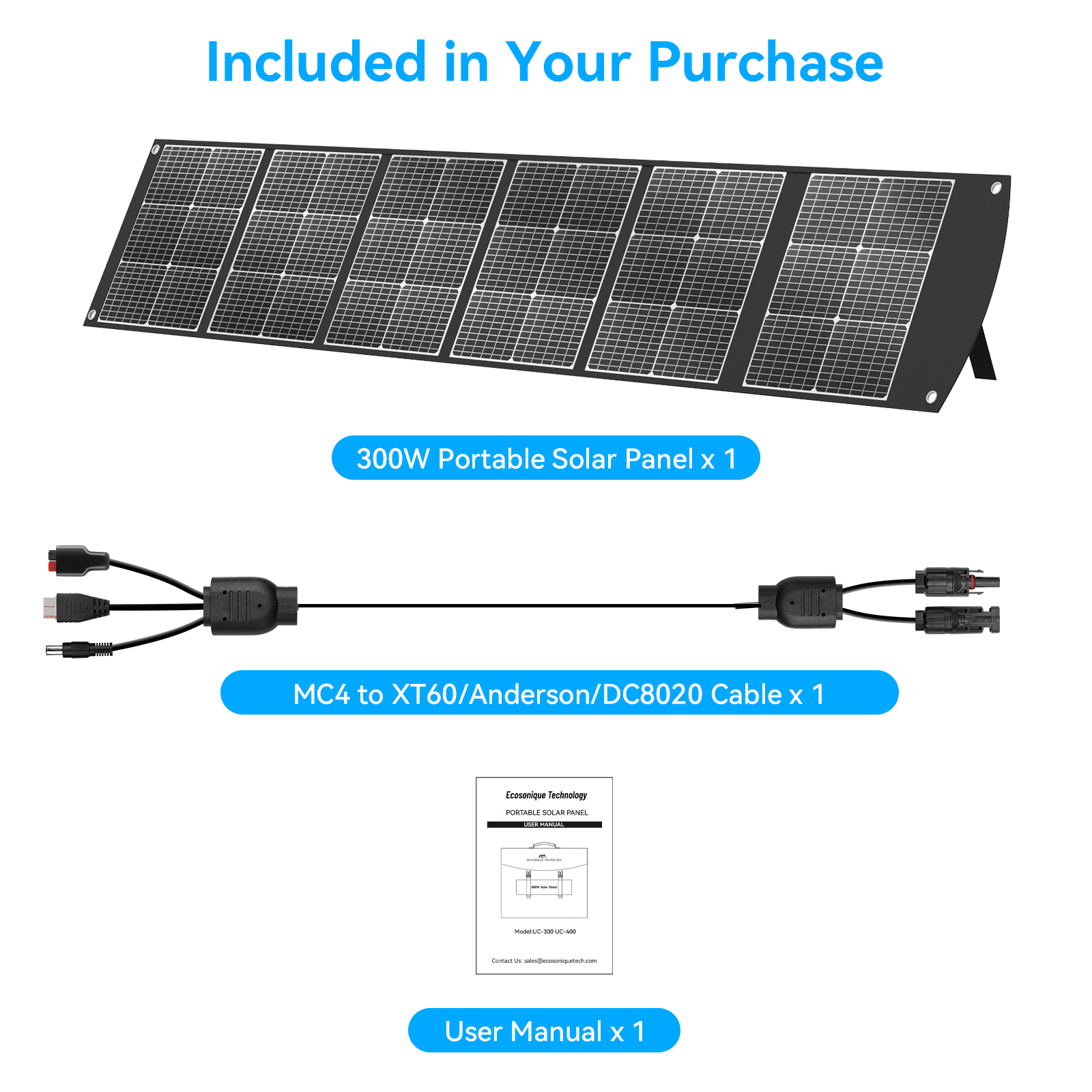 Ecosonique 300W Portable Solar Panel for Most Power Stations, Foldable & Lightweight Solar Suitcase with Kickstands, 40V MC4 & Multi-Output for Solar Generators, RVs, Camping, and Outdoor Use