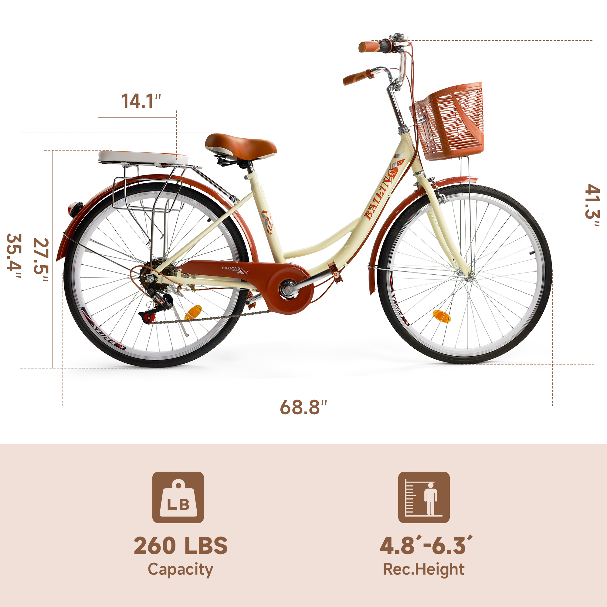 ARTUDATECH 26 Inch Beach Cruiser Bike for Women, 7 Speed Commute Bike for Adults, Women Bicycle with Adjustable Seat and Basket