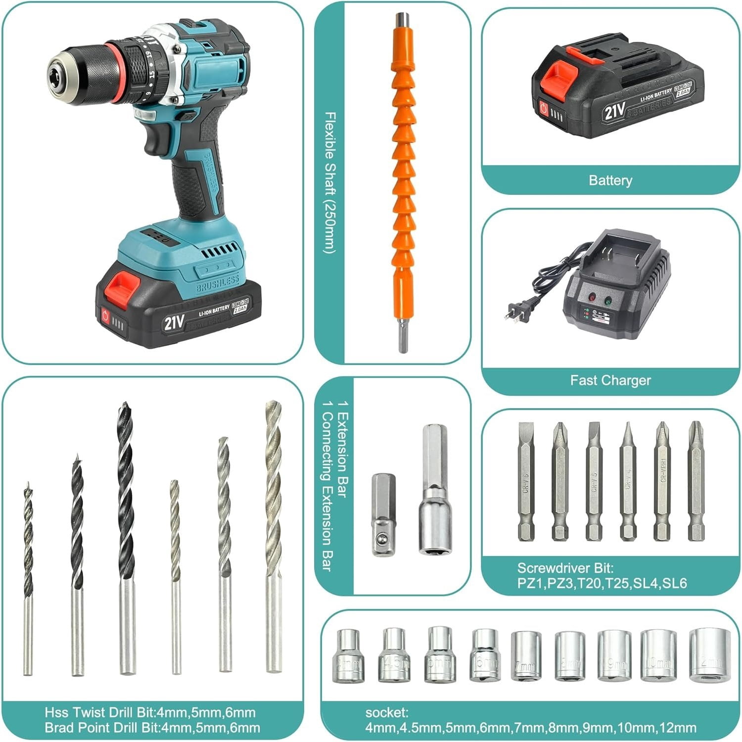 LithiCraft 21V Brushless Cordless Drill/Driver Kit w/ (2) 2000mAh Batteries, Charger & 24-Piece Bit Set, 55Nm Torque, 1/2" Keyless Chuck
