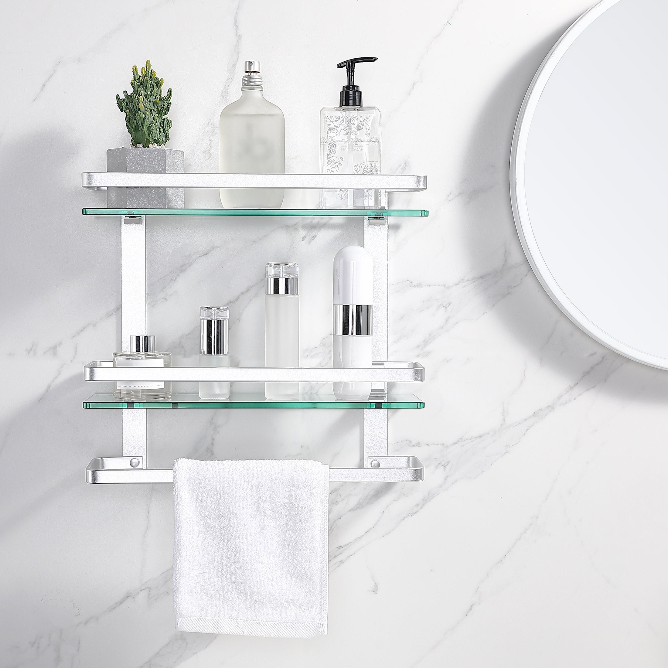 KES Glass Wall Shelf Anodized Aluminum Finish with Towel Bar 2 Tier