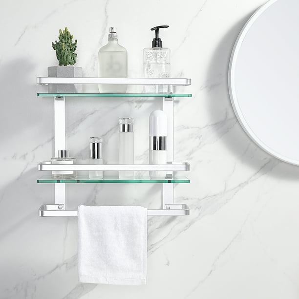 KES Glass Wall Shelf Anodized Aluminum Finish with Towel Bar 2 Tier