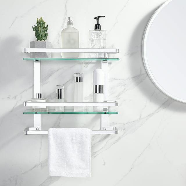 KES Glass Wall Shelf Anodized Aluminum Finish with Towel Bar 2 Tier Shower Shelves, 2 Shelf