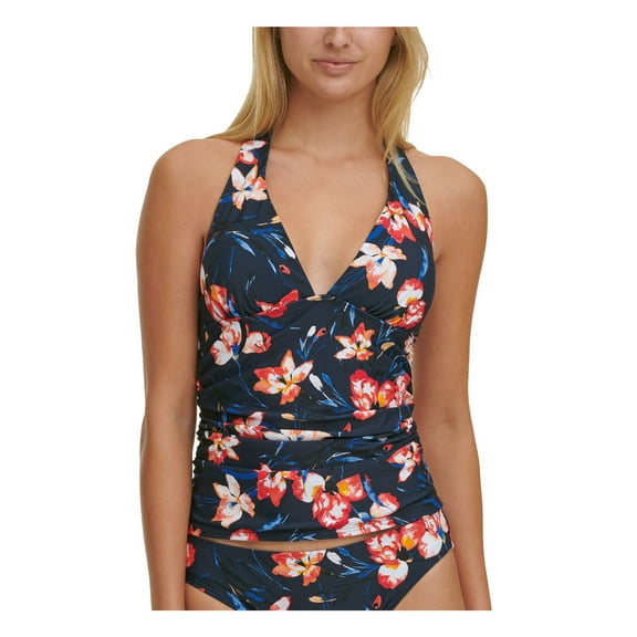 TOMMY HILFIGER Women's Navy Floral Removable Cups Tie Shirred Deep V Neck Halter Tankini Swimsuit Top M