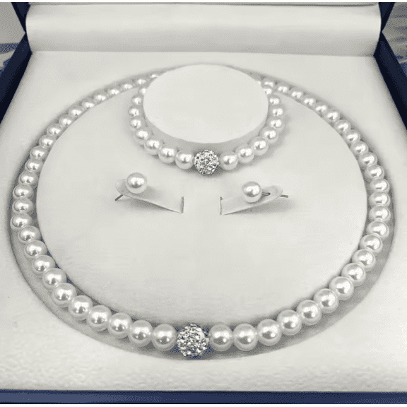 Round White, Imitation Pearl, Crystal Mixed Piece Jewelry Set, Necklace, Bracelet, Stud Earrings, 4-Piece
