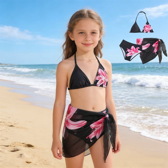 Xijirk Girls Swimsuit,Floral Print Bikini Three Piece Swimwear for Big Girls and Summer Beach Pool Outfit Bathing Suit,Swimsuit for Girls,Black,9-10 Years