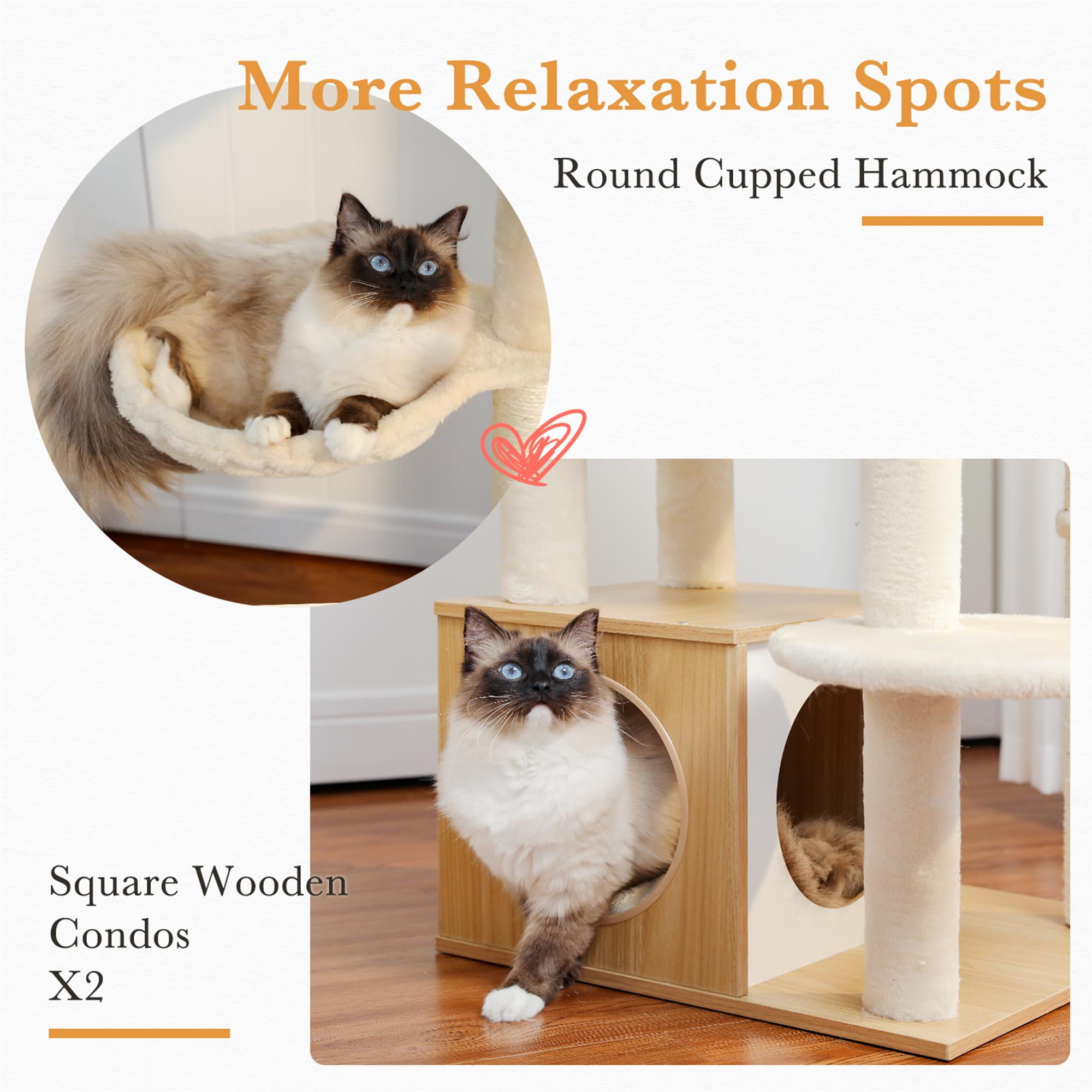 Kadyn 51" Modern Cat Tree Tower for Indoor Cats, Wood Condo with Hammock, Scratching Post and Removable Pads for Small Large Cats, Beige