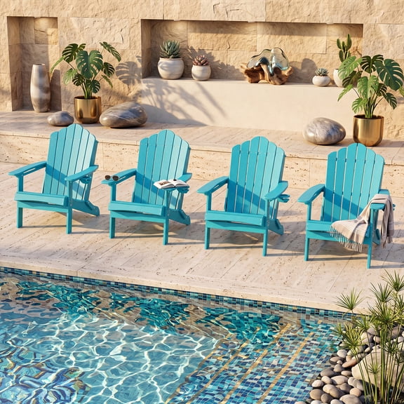 Gymax 4PCS Patio Folding Adirondack Chair Weather Resistant Cup Holder Yard Turquoise