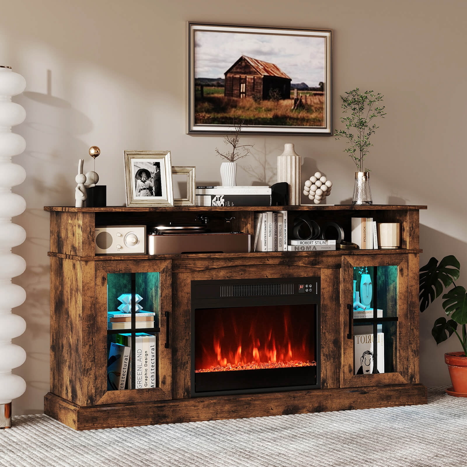Costway 58" Fireplace TV Stand with LED Lights Entertainment Center for 65 Inch TV Brown