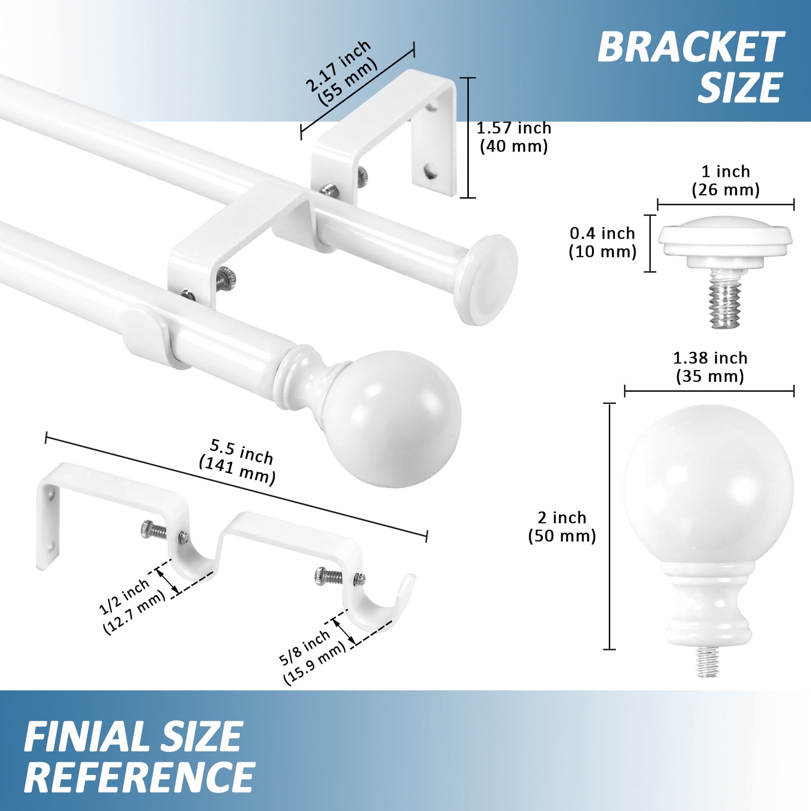 Urbanest Adjustable Double Curtain Rod Set Metal with Decorative Ball Finials, Heavy-Duty, 48"-84", Glossy White