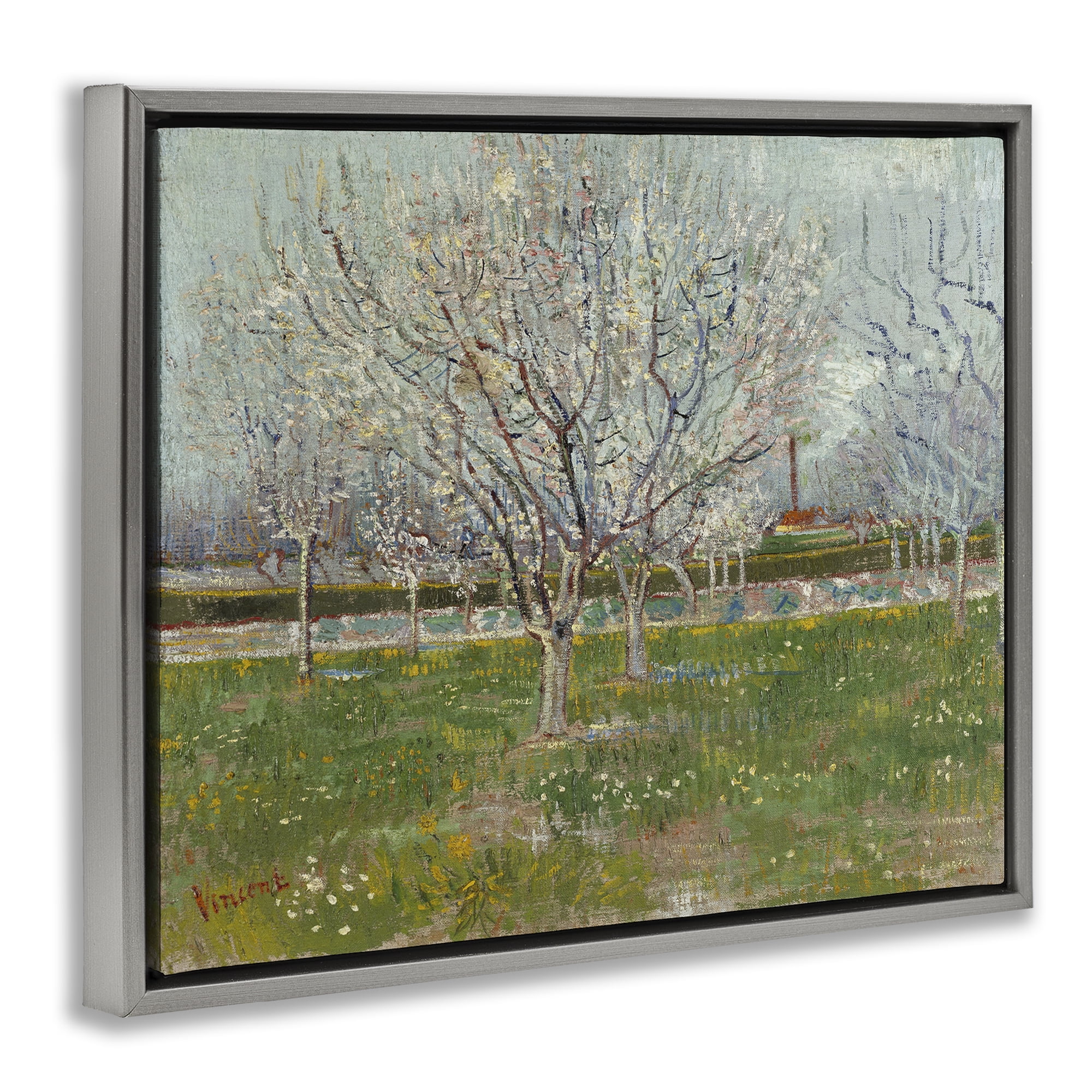 Stupell Industries Van Gogh Orchard in Blossom Landscape & Nature Painting Gray Floater Framed Canvas Art Print Wall Art, 21 x 17