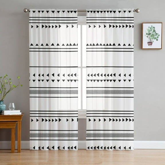 Sheer Curtains 96 Inches Long, Farmhouse Abstract Art Light Filtering Window Curtains for Living Room, Boho Black White Modern Stripes Rod Pocket Voile Sheer Curtain Drapes, 52"W x 96"L, 2 Panels