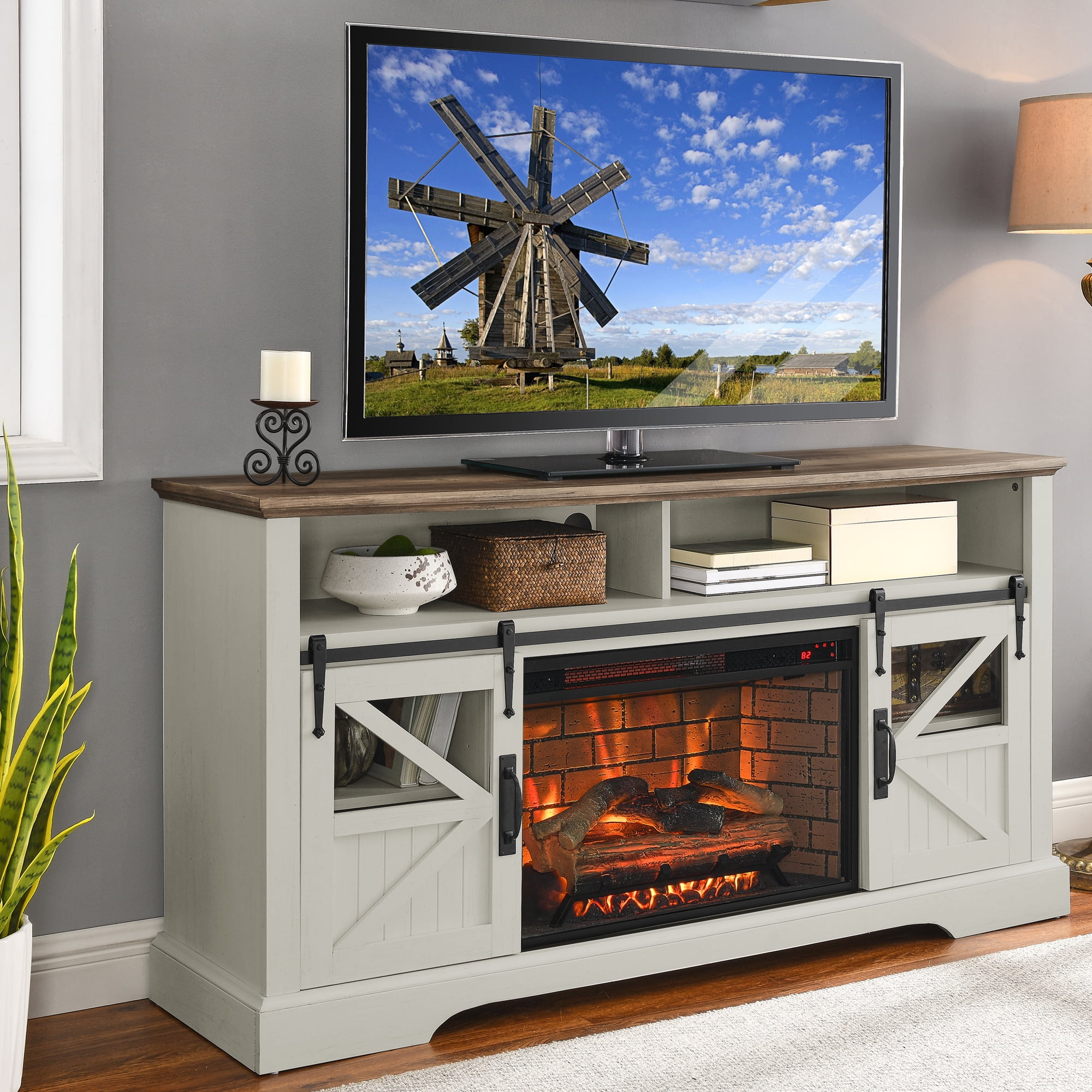 White Electric Fireplace Heater TV Stand for TVs Up to 70", 60 Inch TV