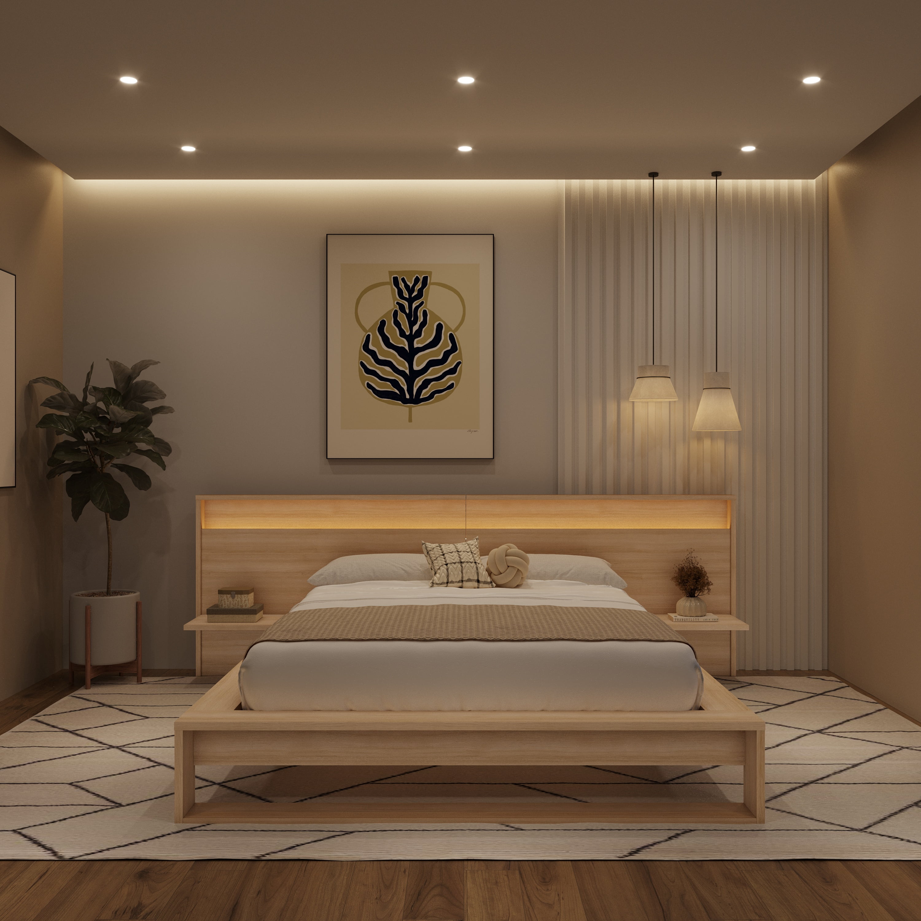 Nexera Lido Queen Size Extended Headboard with Integrated Shelves and Lighting, Natural Blonde Oak