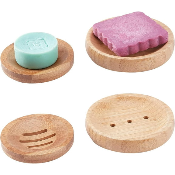 4pcs Wood Soap Holder Round Bathroom Soap Dishes 3.1/3.9" Soap Case Containers Bamboo Shower Soap Tray for Solid Shampoo Sponge Scrubber Home Hotel Vessel Sink