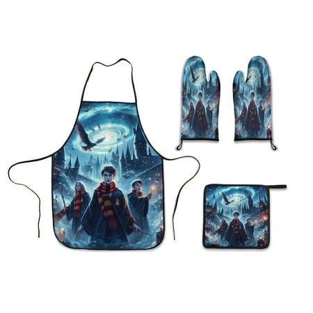 

Harry -Pottercute anime Pink kitty 4 Piece Kitchen Set Waterproof Apron with Oven Mitt and Pot Holder Cooking for gift man and woman