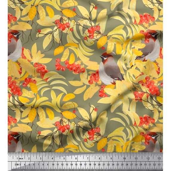 Soimoi Green Cotton Jersey Fabric Leaves,Berries & Bird Printed Fabric 1 Yard 58 Inch Wide