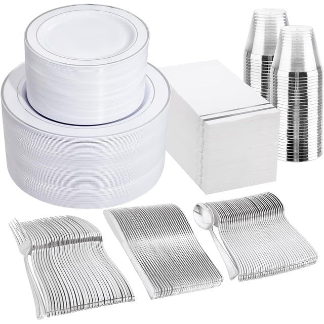 GATHER 700PCS Silver Plastic Plates - Silver Disposable Dinnerware Sets 100 Guest Include 200 Plates, 300 SIlverware, 100 Napkins, 100 Cups For Weddi