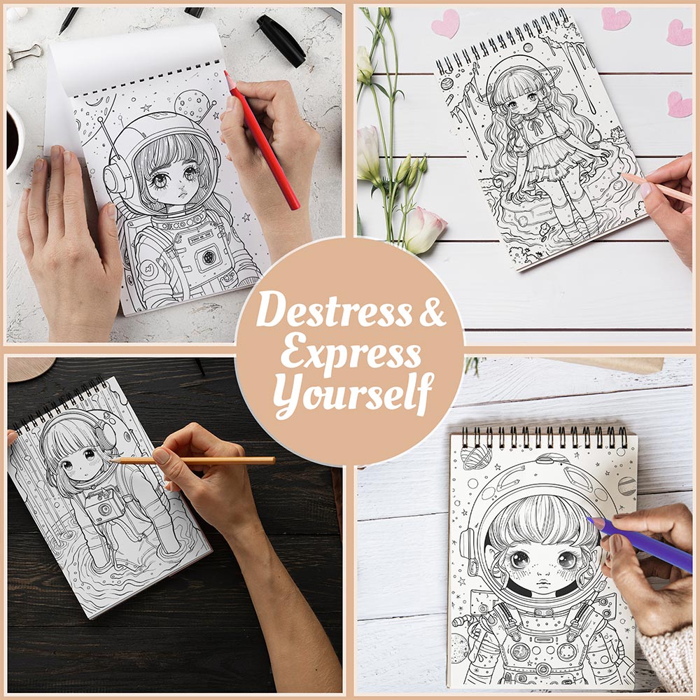 Netecom Kawaii Astronaut Girl Coloring Book for Adults and Women, A5 Wooden Cover, 30 Fantastic Outer Space Coloring Pages of Astronaut Girl for Stress Relief and Relaxation, Spiral Bound Edition