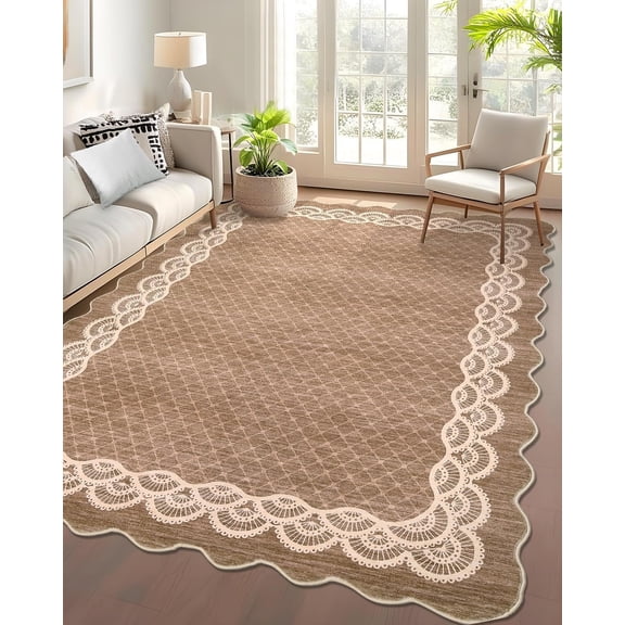 8x10 Washable Scalloped Area Rug, Non-Slip Backing, Low Pile, for Living Room, Brown