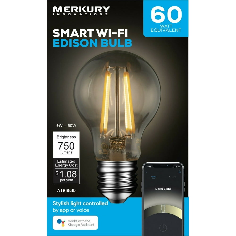 Merkury Innovations A19 Smart WiFi LED Bulb 60W Glass Vintage Edison