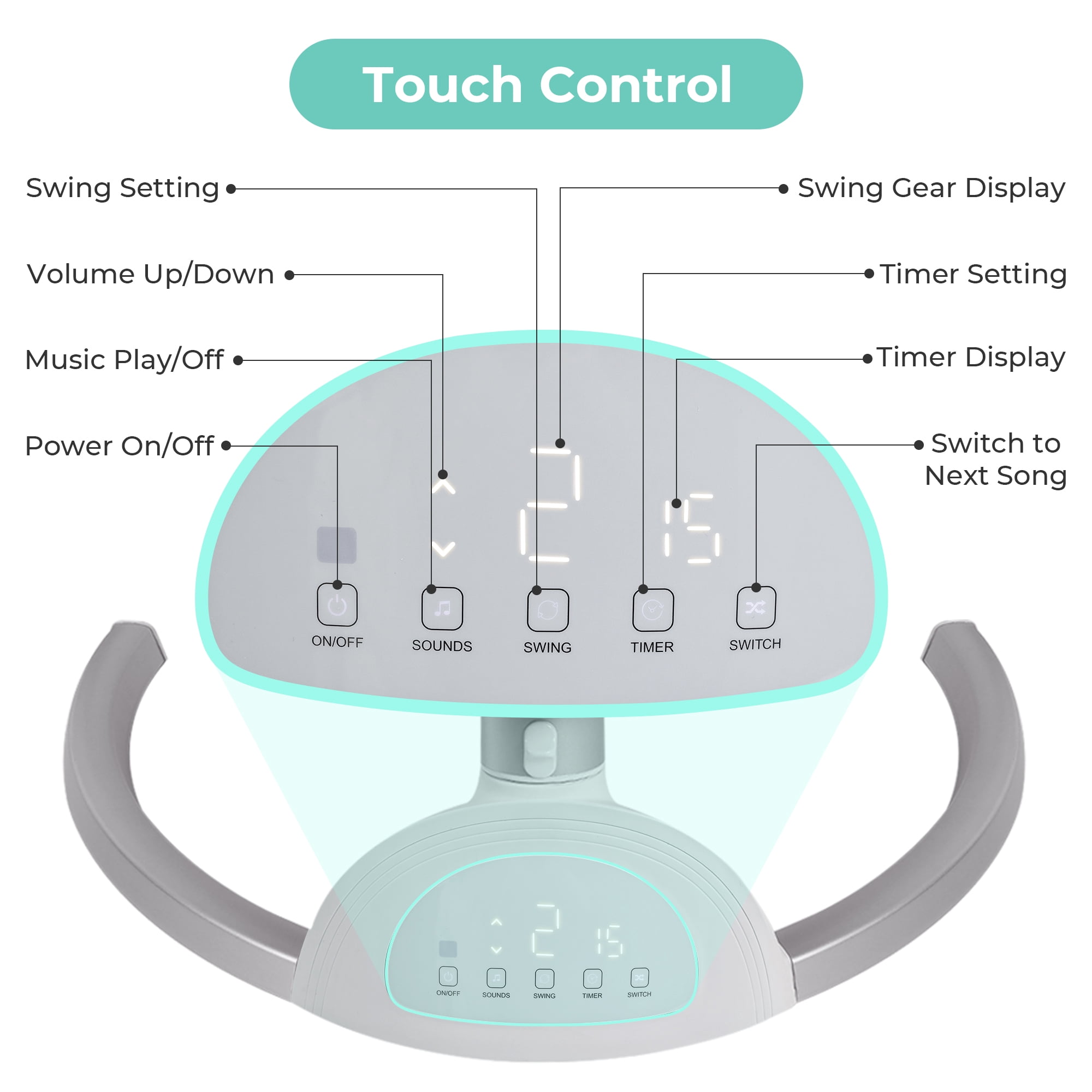 Baby Swing for Infant, HDJ Portable Electric Baby Swing with Music Playing, Touch Screen, Remote Bluetooth Control, Grey
