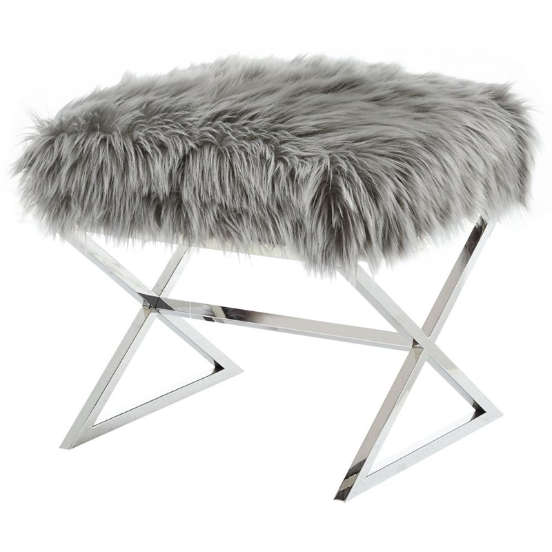 Brika Home Faux Fur Ottoman in Gray and Chrome