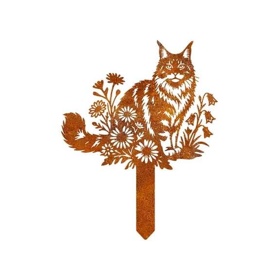 CoreLiving Garden Stake Decorative Cat Garden Decor Metal Yard Art Rustic Outdoor Statue for Porch Lawn Yard Ornament Weather Resistant Brown Finish