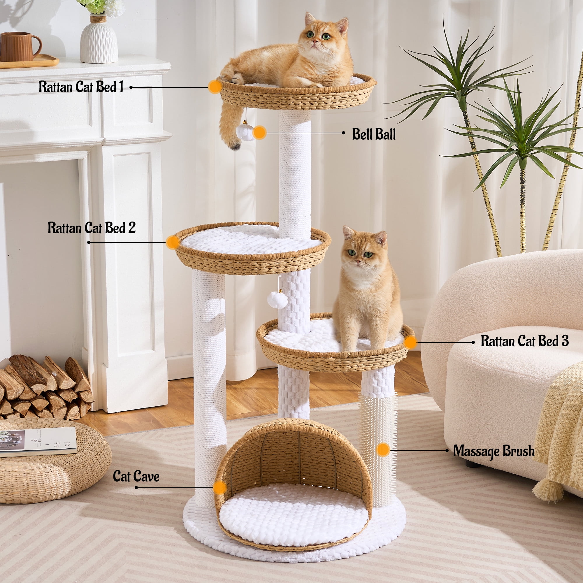HITTITE Modern Cat Tree Tower with Scratching Post, 46 Inches Tall Cat Towers with Woven Cat Nests and Cave, Removable Cushions and Massage Brush for Indoor Cats Large Adult.