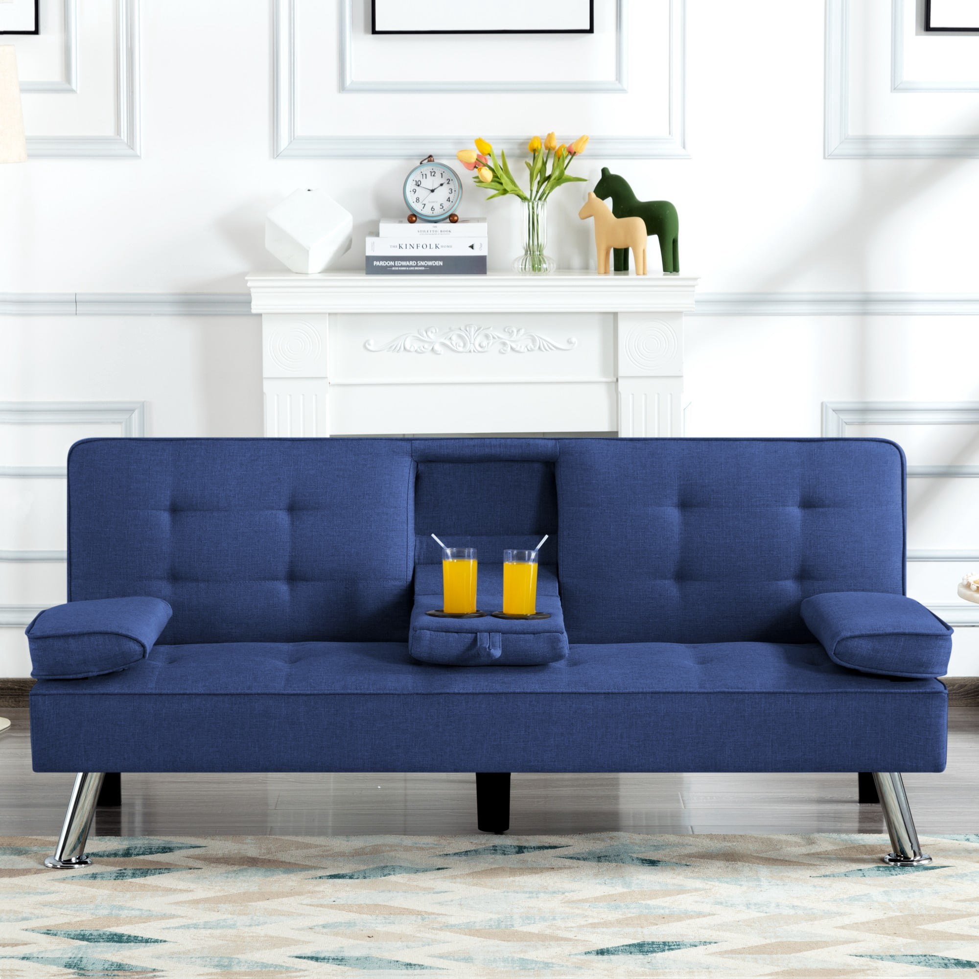 Gewnee 65.3" 3‑in‑1 Convertible Futon Sleeper Sofa, Polyester Foldable Sleeper Couch with Adjustable Backrest,Sofa Bed with Cup Holders & Storage Bag for Small Apartments，Navy Blue