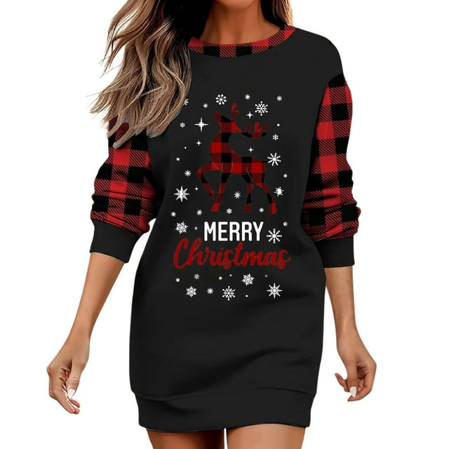 Robes de Fête de Noël pour Femmes Robe de Noël Joyeux Noël Manches Longues Col Rond Imprimé Sweat-Shirt (Taille: 2TG)