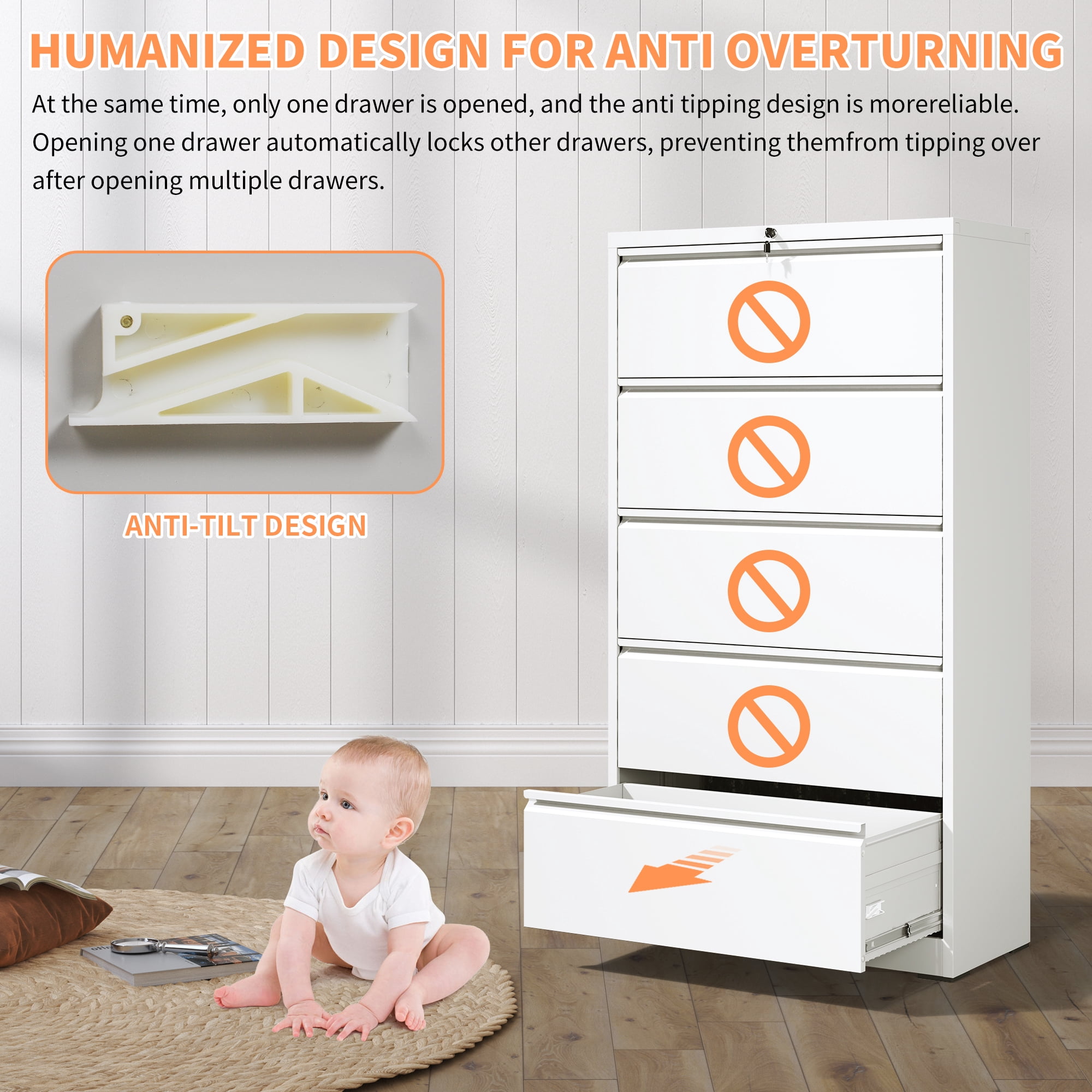 DRNANLIT 5-Drawer Steel Lateral File Cabinet with Locking System - Durable and Stylish Storage Solution for Home and Office, White