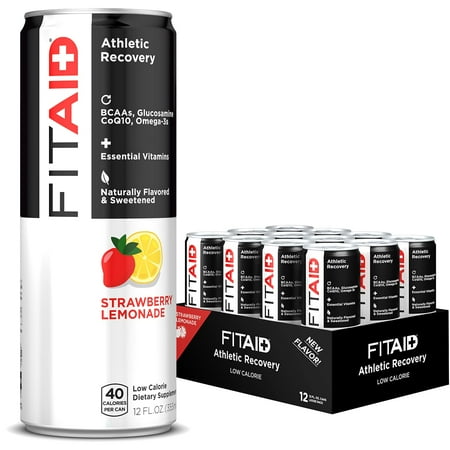 LIFEAID FITAID Post Workout Recovery Drink, Strawberry Lemonade, BCAAs, Glucosamine, Electrolytes, Omega-3s, Paleo, Vegan & Gluten-Free, No Artificial Sweeteners, 40 Calories, 12 Oz cans, Pack of 12