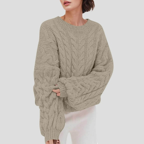ShomPort Oversized Sweater for Womens Round Neck Long Sleeve Cable Knit Tees Tops Drop Shoulder Fall Winter Thermal Thick Blouses