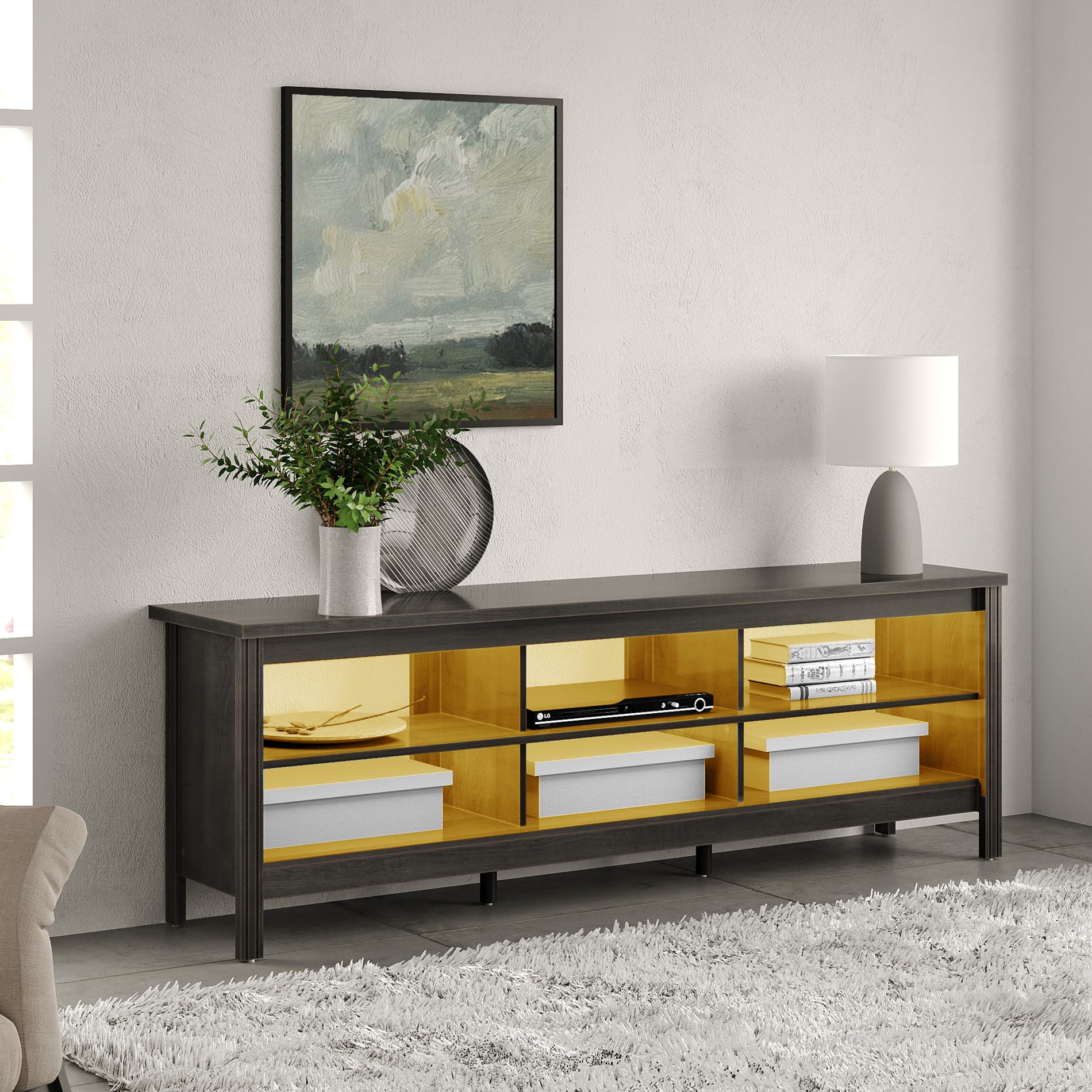 TV Stand with Warm White LED Lights and Open Storage Shelves for 75 Inch TV, Black