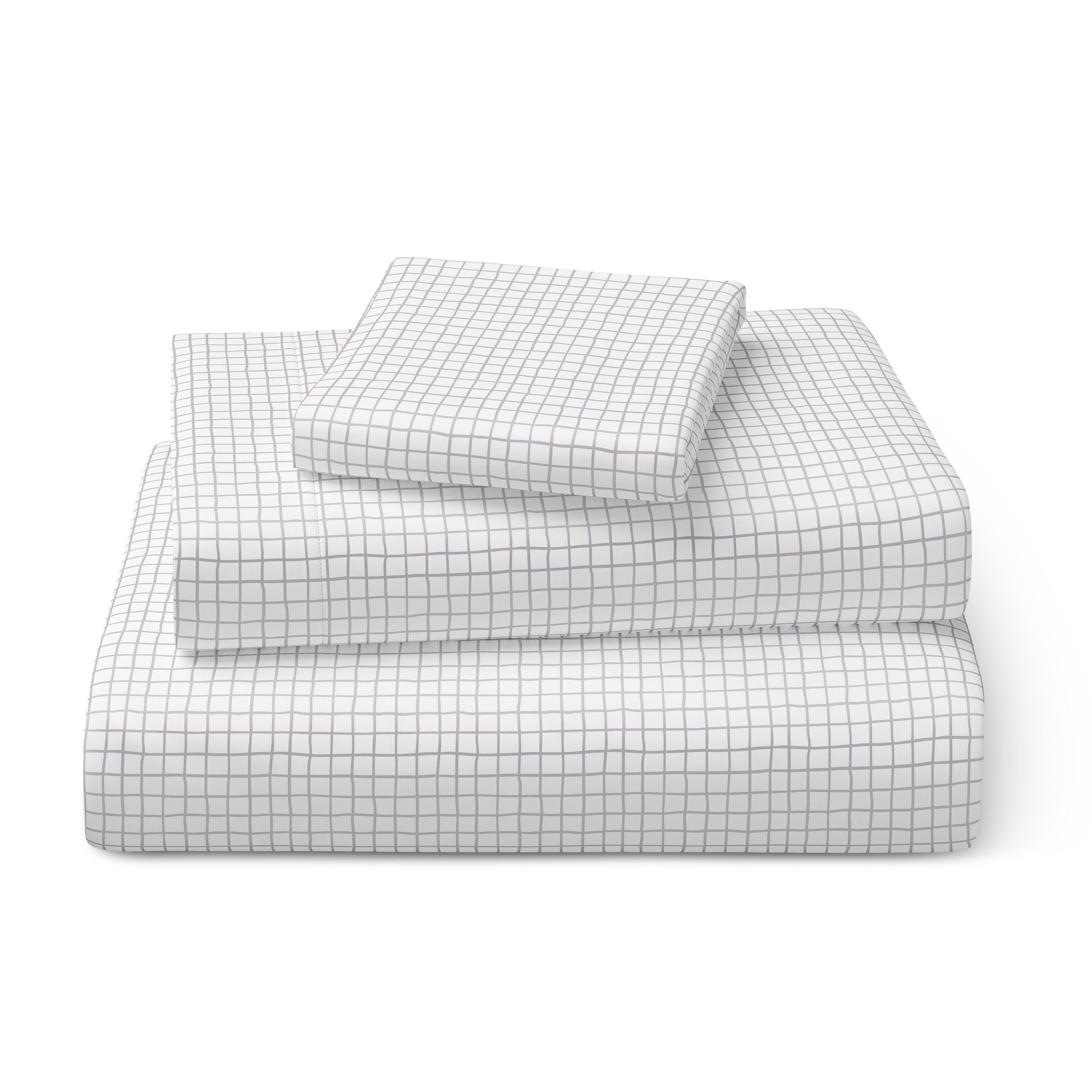 Mainstays Kids Microfiber Bed Sheet Set, Twin, White Grid, 3 Pieces