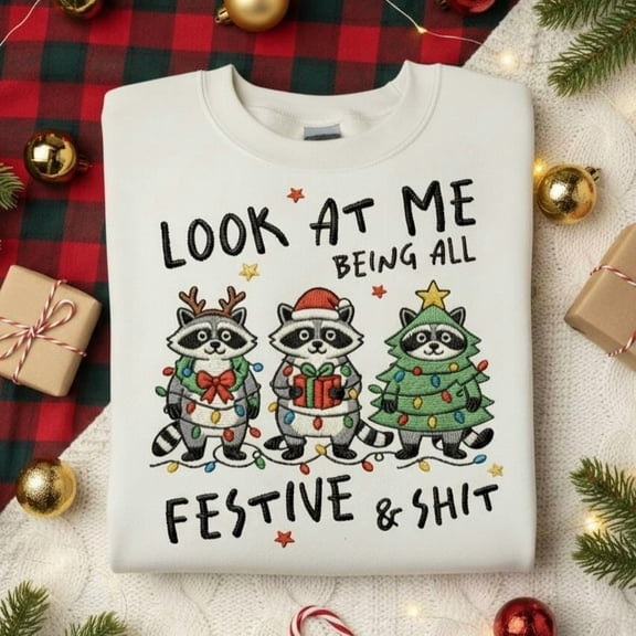 EMBROIDERED Christmas Raccoons Embroidery Shirt, Cute Woodland Raccoon Trio Shirt, Santa Tree Gift Holiday Shirt, Vintage Xmas Animals