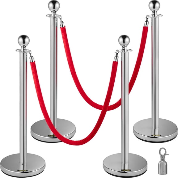 CAFORKP 4PCS Silver Stainless Steel Queue Stanchion Posts, 5FT Red Velvet Rope Barriers, Crowd Control Equipment for Wedding Party Supplies