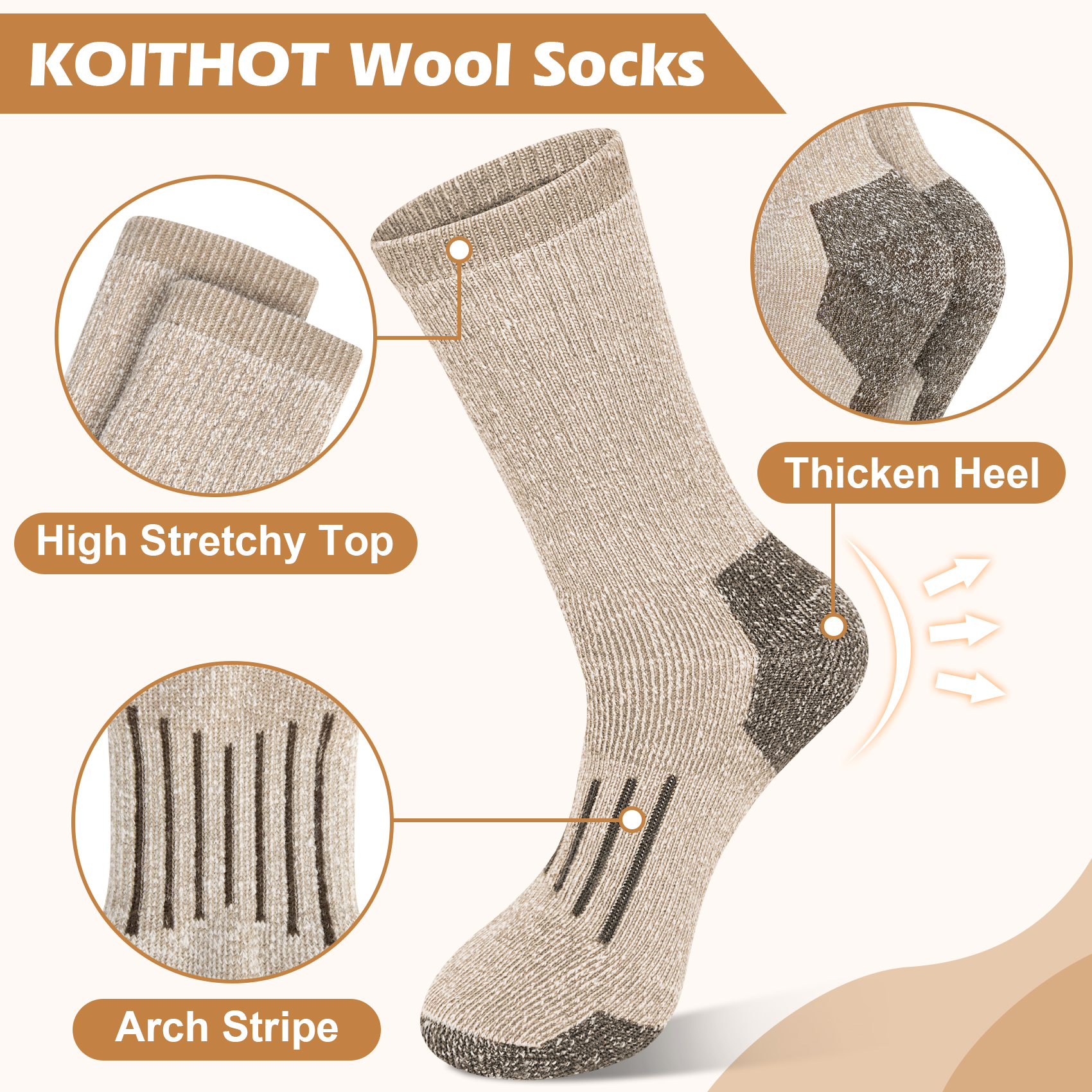 KOITHOT 3 Pack Merino Wool Socks for Men & Women, Thermal Boot Warm Hiking Socks