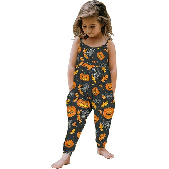 Odeerbi Toddler Girls Halloween Sleeveless Jumpsuit Strap Romper Kids Comfortable Cute Halloween Print Suspenders Leisure Long Pants Toddler Clothes Black