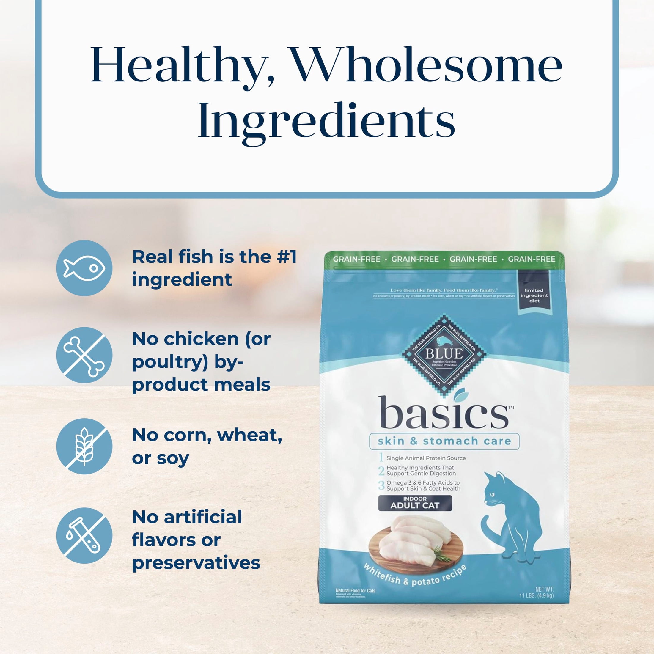 Blue Buffalo Basics Dry Cat Food Skin & Stomach, Turkey & Potato, Chicken Free, 11lb Bag