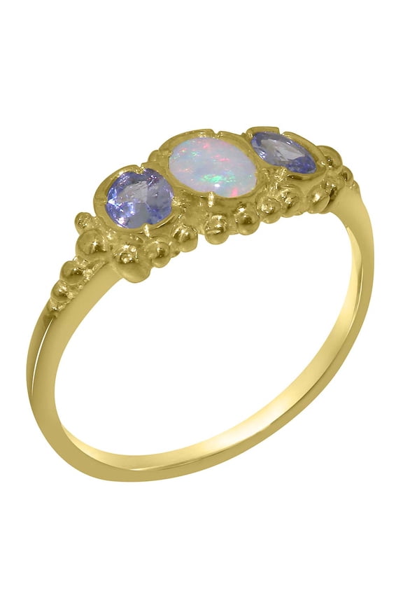 LBG British Made Stunning 9k Yellow Gold Natural Opal & Tanzanite Womens Engagement Ring - 33 size options - Size 8.5