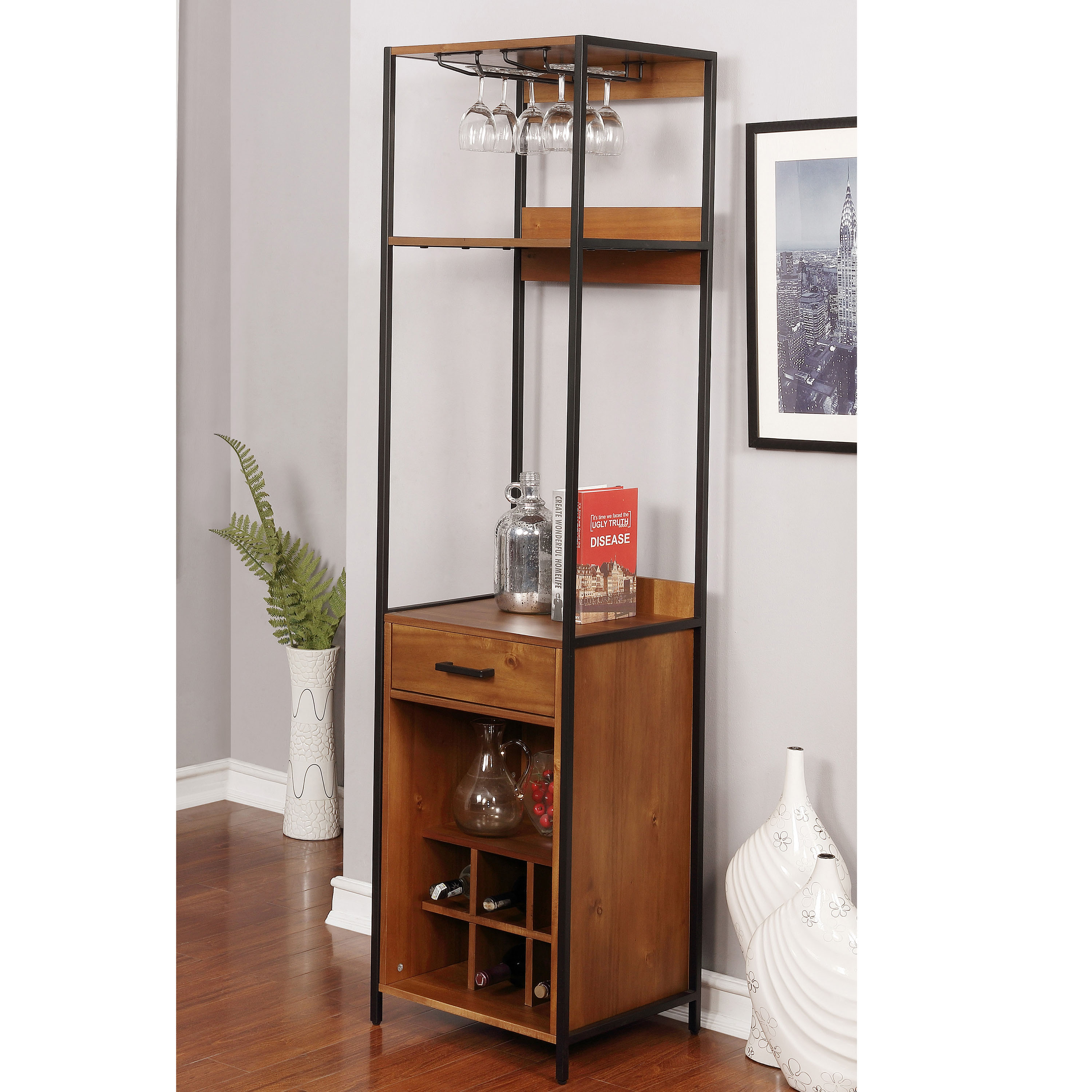 Furniture of America Klep 3-Tier Display Shelf, Natural and Sandy Black