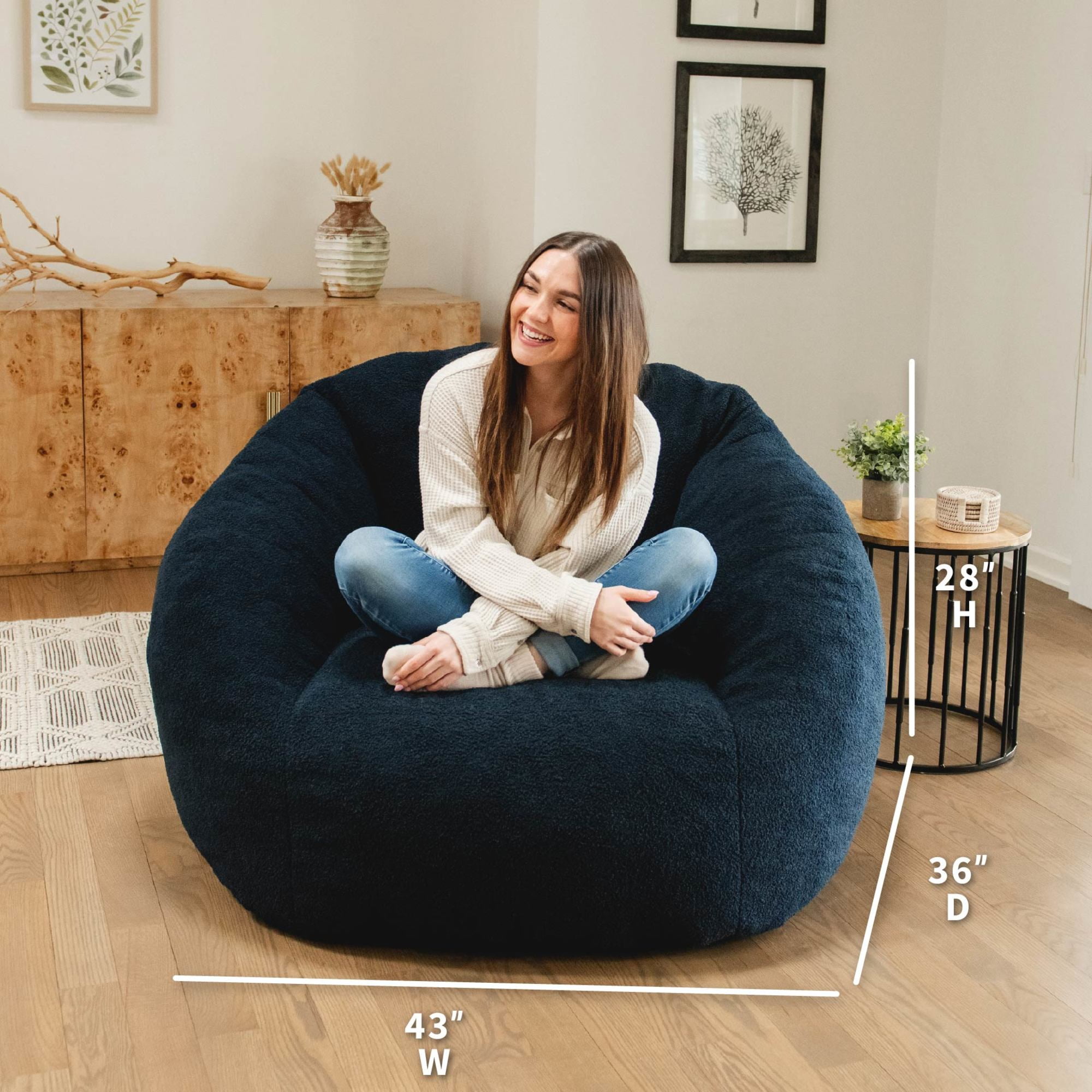 Big Joe Cloudberry Bean Bag Chair, Foam-Filled Structured Seat, Teddy Boucle, Deep Blue, Adults