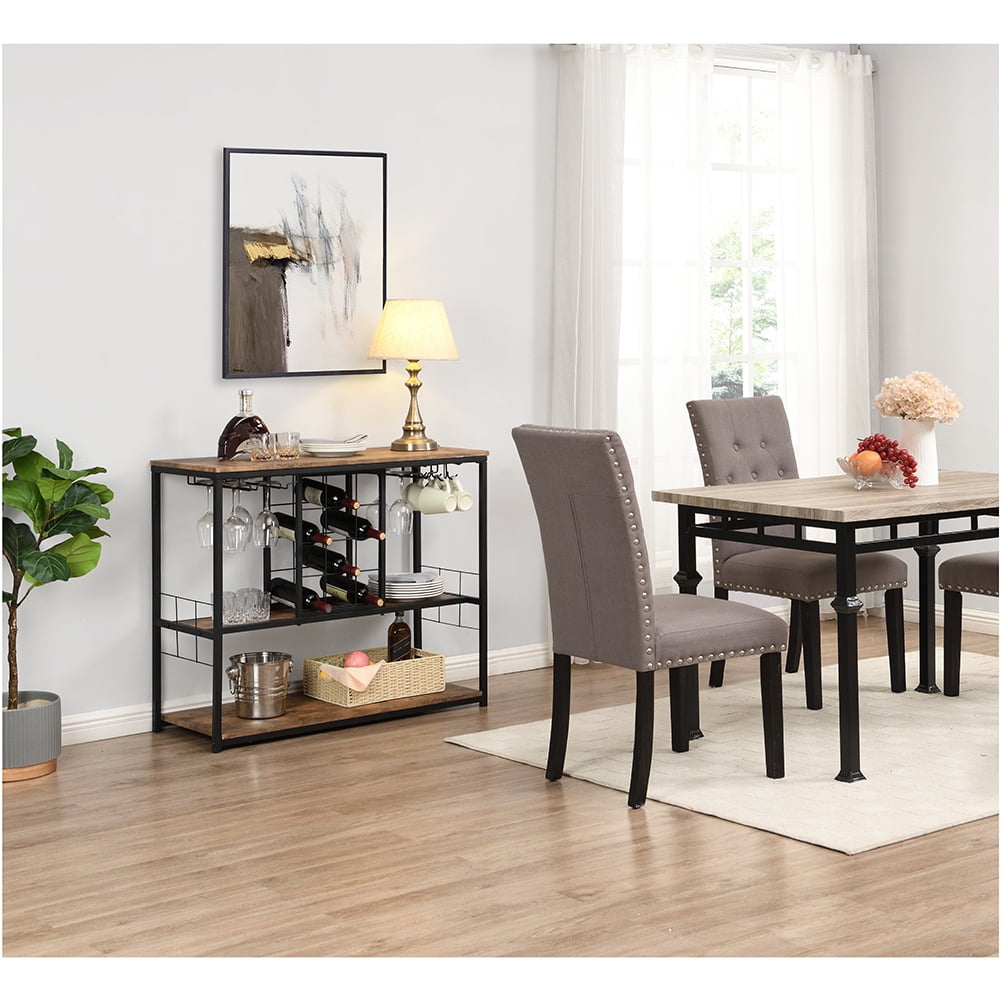 Private Jungle Industrial Wine Rack Table with Glass Holder, Wine Bar Cabinet with Storage,Brown Private Jungle Industrial Wine Rack Table with Glass Holder, Wine Bar Cabinet with Storage,Brown