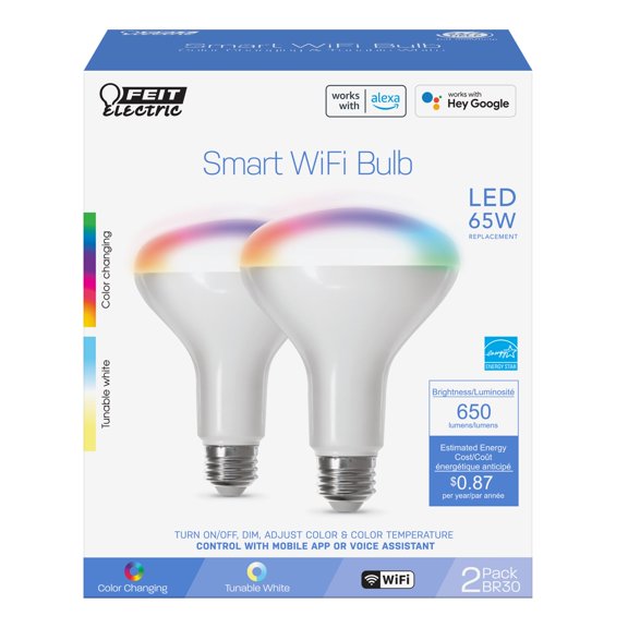 Feit Electric 7.2W (65W Replacement) Color Changing E26 Base BR30 Smart Wi-Fi LED Light Bulb 2-pack