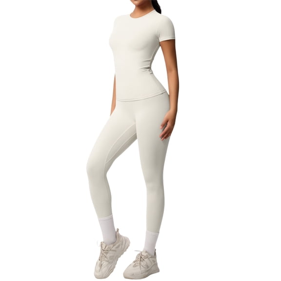 Telankuip 2 Piece Workout Sets for Women Solid Color Slim Fitted Breathable Athletic T-Shirt and High Waist Leggings Stretchy Comfy Seamless Yoga Running Gym Outfits 2026 White XL